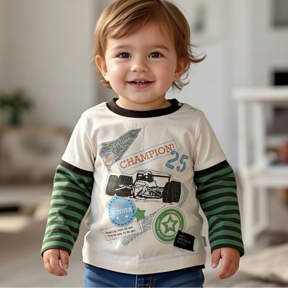 Pumpkin Patch Boys Long Sleeve Tee - Cream Green Size 2 Champion Race Applique